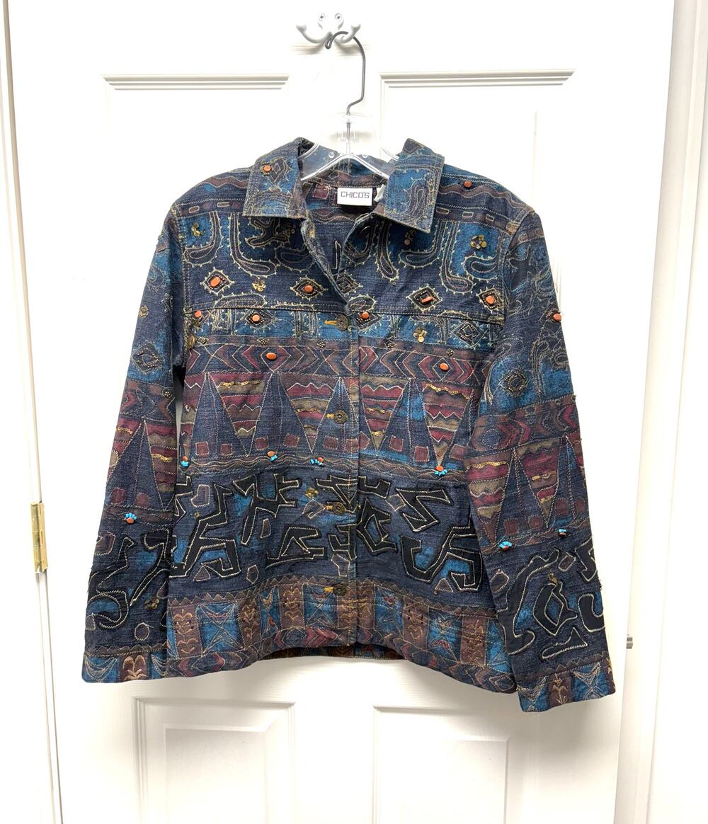 Chico’s Jacket Tapestry Embroidered Button Front Boho Southwest Geometric Sz